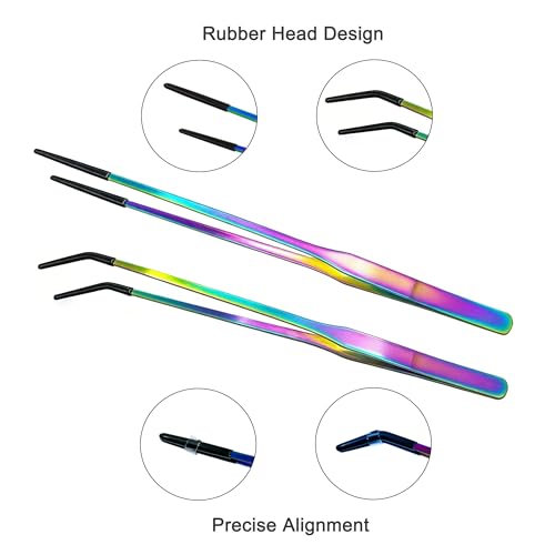 2 PCS Long 10.6" Stainless Steel Reptile Feeding Tongs with Rubber Tip, Straight & Curved Tweezers for Aquariums & Crafts, Feeder Tools for Bearded Dragon, Lizards Snake, Terrarium Supplies (Colorful) - color: Colorful