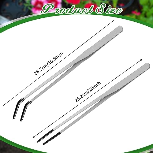 Lasnten 2 Pcs Extra Long Stainless Steel Reptile Feeding Tongs with Rubber Tip 10 Inch, 10.5 Inch Bearded Dragon Aquarium Straight and Curved Long Tweezer Terrarium Feeder Tool for Tank(Silver) - color: Silver, size: 10 Inch, 10.5 Inch