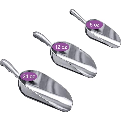 Amazing Abby - Elsa - Aluminum Ice Scoops (3-Piece Set), Cast Aluminum Utility Scoops, 5/12/24-Ounce Capacity, Food-Grade, Good for Home and Commercial Use, NOT Dishwasher-Safe, Hand-Wash Recommended