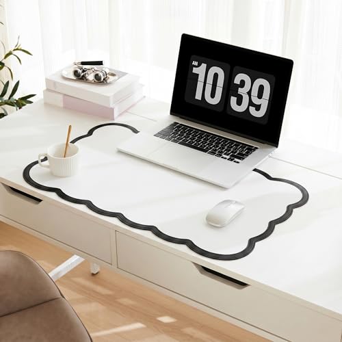Scalloped Desk Mat, 23.6" x 11.8" Cute Small Aesthetic Desk Accessories, PU Leather Computer Laptop Desk Mouse Keyboard Pad, Desk Writing Mat for Vanity/Work/Home Decor Black - color: Black, size: 23.6" x 11.8"