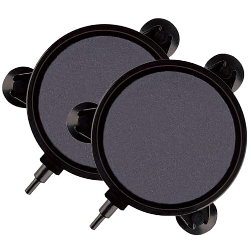 SLOCME 4 Inch Aquarium Air Stone 2 Pack – Round Oxygen Diffuser with Suction Cups, Produces Fine Bubbles for Fish Tank, Hydroponics & Aquatic Plants