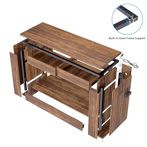 55–75/90 Gallon Aquarium Stand,Heavy-Duty 48" Turtle Reptile Fish Tank Stand With Storage Drawers, Reinforced Metal Frame, LED Lighting, Power Outlets (Rustic Brown) - color: Rustic Brown