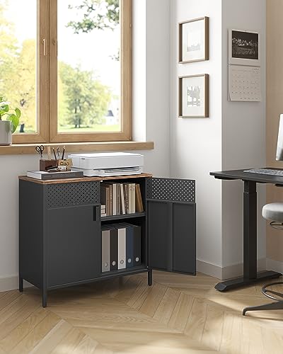 SONGMICS Set of 2 Storage Cabinets, Metal Cabinet, Sideboard with 2 Doors, 15.7 x 31.5 x 29.9 Inches, Magnetic Closure, Adjustable Shelf, Steel Frame, Rustic Brown and Black ULSC791B01 - color: Rustic Brown + Black, size: 31.5"W, style: 2 pack