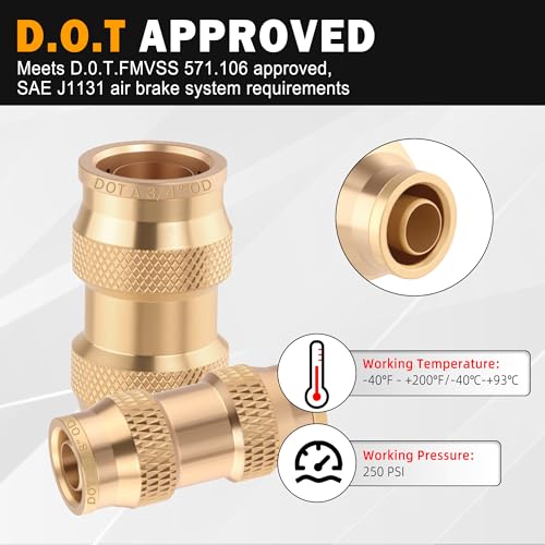 5PCS 1/2" Air Brake Line Fitting, (Half an inch) DOT Brass Push in Fitting, Quick Push to Connect Union Fittings Air Brake Union 1/2" Tube OD for Trucks Trailers and Industrial Use - color: 5PCS-DOT Push-to-Connect, size: 1/2" Od
