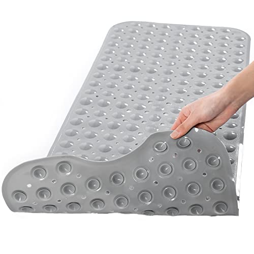 TEESHLY Bathtub Mats for Shower Tub, Extra Long Non-Slip 39 x 16 Inch Bath Mat with Drain Holes and Suction Cups, BathMat for Bathroom with Machine Washable (Opaque Gray) - color: Opaque Gray