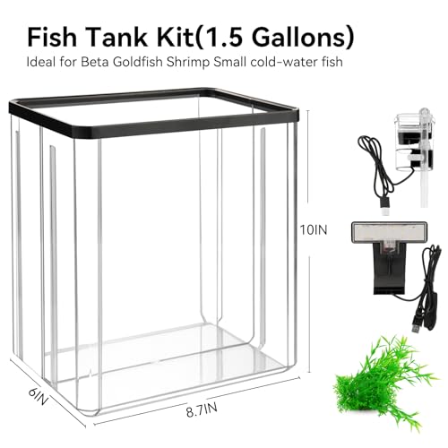 1.5 Gallon Aquarium Starter Kits - Plastic Fish Tank Kit Clear Beta Fish Tank Small with Filteration Oxygenation, Water Circulation, Lighting - Beginner's Gift for Guppy, Shrimp, Goldfish - size: Tall fish tank