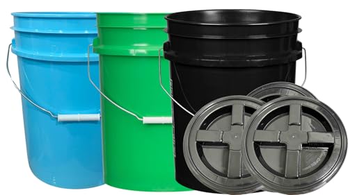 House Naturals 5 Gallon Food Grade Buckets, 3 Color Buckets with Screw on lids - color: Black/Green/Aqua- Black Lids