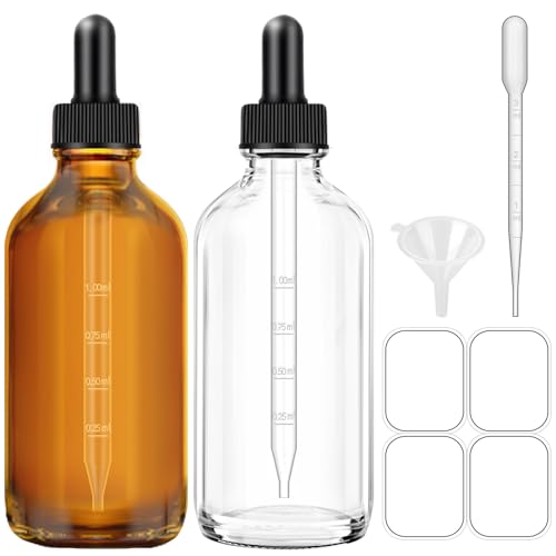 Bumobum Amber Dropper Bottles, 4oz Glass Bottle with Dropper for Essential Oils with Funnel, Labels & Pipette, 2-Pack Tincture Bottles with Dropper(Unbreakable Plastic Eye Dropper) - color: Amber and Clear