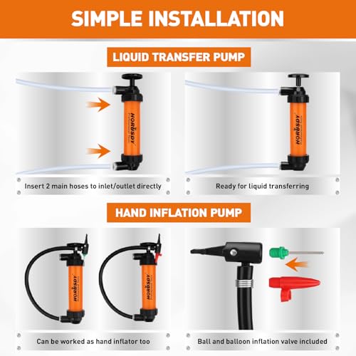 HORUSDY Multi-Use Siphon Transfer Pump Kit Hand Fuel Pumps for Gas Oil Water with Air Hose, Portable Manual Fuel Transfer Pump for Boat, Car, RV, Emergency, Lawn Mower Fluid Drainage - style: Orange(New model)