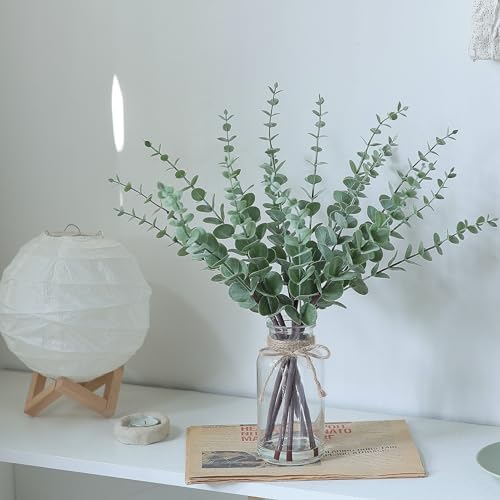 VIERENA 17.5" Artificial Eucalyptus Stems in Glass Vase with Faux Water,Fake Plant Eucalyptus Leaves White Seeds for Centerpiece Table Decorations Farmhouse Wedding Home Greenery Decor (Sage Green)