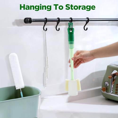 OUTXE 6 Pack Bottle Brush Set, 5-in-1 Water Bottle Cleaner Brush, 14" Long Handle Bottle Cleaning Brush, 3 Straw Brush, Removable Nipple Detail Brush for Cup Lid Gap, with Replecement Sponge - color: Green, size: 6 Pack