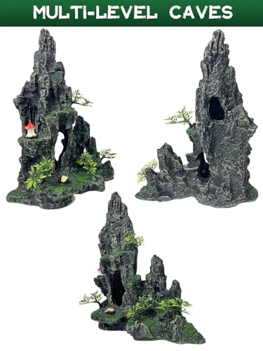 Aquarium Decor - Tall and Large Mountain Rock Ornament with Red Tower for Fish Tank,Aquarium Hideout with Rock Texture for Betta,Guppy,Shrimp-Safe Aquatic Decoration, Fish Hiding House - color: Large Peak Rock - Red Tower