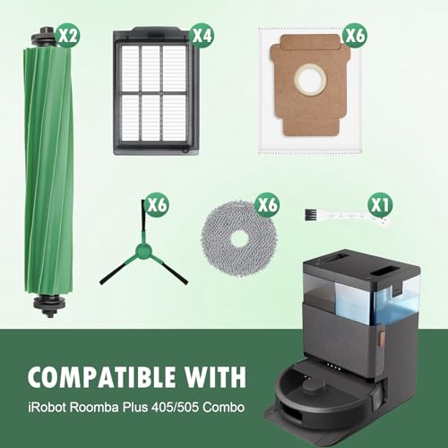 25 Pcs Replacement Parts for iRobot Roomba Plus 405 Combo/505 Combo /507 Combo Robot Vacuum Cleaner, Include 2 Main Brushes, 6 Dust Bags, 6 Mop Pads, 4 Filters, 6 Side Brushes and 1 Cleaning Tool - size: 405 Combo Kit