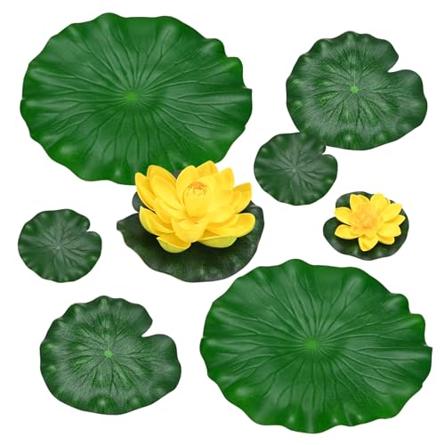 M METERXITY 1-Set Artificial Floating Foam Lotus Flower with Water Lily Pad, 4/7/11 Inch Fake Lotus Flowers Water Lilies for Pool/Fountain/Garden Decor, Pond Plants Ornaments [Yellow] - color: Yellow, size: 6.7/3.9 Inch