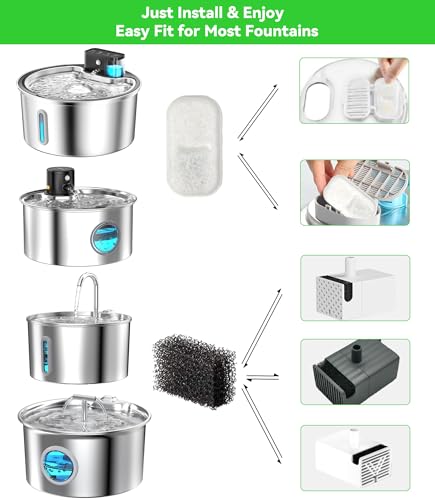 Cat Water Fountain Filter Replacement: 4 Carbon Filters & 4 Foam Sponges Kitty Spout Pump Filters for 108Oz/3.2L & 67Oz/2L Stainless Steel Pet Water Dispenser Cat Dog