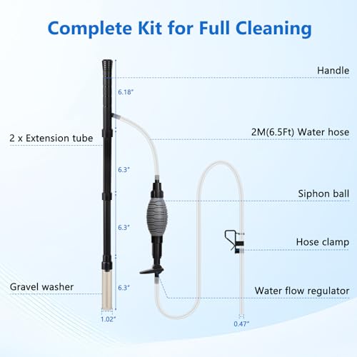 AQQA Gravel Vacuum for Aquarium Siphon - Adjustable Flow Fish Tank Cleaner with Handle, Manual Siphon Pump Water Changer Sand Rock Suction Cleaner, Upgraded Hard Hose with Threaded Connection (S) - size: S for tanks under 17" deep