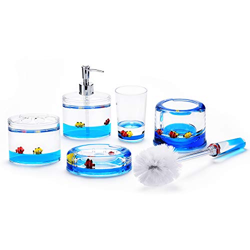 Locco Decor 5 Piece Acrylic Liquid 3D Floating Motion Bathroom Vanity Accessory Set Ocean Cartoon Animal Theme Nimo Fish Toothbrush Holder, Tumbler, Soap Dispenser, Soap Dish, Toiletbrush Holder Set - size: 5-piece, style: Fish