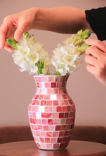 8" Pink Agate Mosaic Vase, Handmade Textured Glass Flower Vase, Romantic Rose Glass Centerpiece for Bedroom, Bathroom, Coastal Home Decor & Valentine's Day Gift - color: Pink Agate