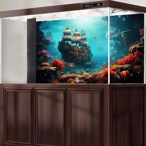 Underwater World Aquarium Background Vibrant Underwater Coral Reef Sunken Wooden Ship Ruins Fish Tank Background Tropical Seascape Terrarium Backgrounds Undersea Shipwreck Reptile Backgrounds 24x12in - color: Blue_Orange, size: 24(W)x12(H)in
