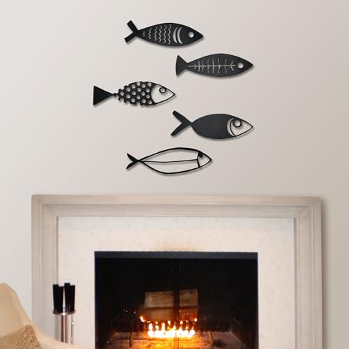 Rajukit 5 Pcs Metal Fish Nautical Beach Wall Decor Hanging Wall Sculpture Decor Lake House Ocean Decor Vintage Fish Ornaments for Home Bathroom Bedroom Kid's Room