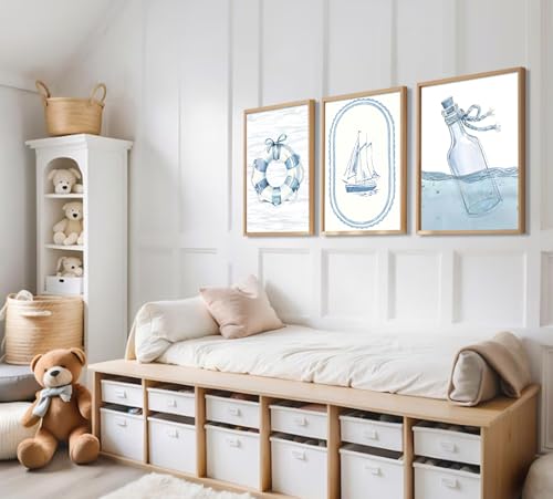Nautical Canvas Wall Art, 6Pcs Ocean Theme Wall Decor Pictures, Blue Coastal Poster Prints with Drift Bottle, Sailboat, Coral for Living Room Study Beach House Home Decoration 12x16inch Unframed - color: Sailboat, size: 12x16in