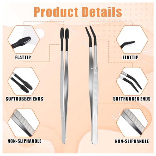 4 Pieces Tweezers with Rubber Tips PVC Rubber Coated Tweezers Rubbers Long Bent Tip Tweezer and Straight Flat Tip Tweezer for Lab Stamp Hobby Jewelry Crafts Feeding (Silver, Black)