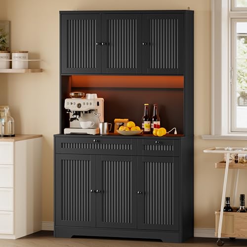 BORNOON Pantry Cabinet with Charging Station and Light, Tall Kitchen Pantry Storage Cabinet with Microwave Stand, Wide Fluted Kitchen Hutch with Storage Drawers and Adjustable Shelves for Dining Room - color: Black, size: 6-Door