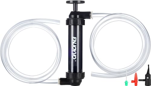 Siphon Pump for Gasoline - Manual Fluid Transfer Pump with Shark-Bite Lock-on Connector, High Flow 3 Gal/Min Hand Fuel Pump for Gas Diesel Oil, Transparent Body + Air Inflator for Balls Swim Rings