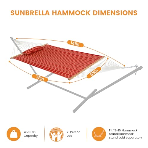 Lazy Daze Hammocks 12 FT Sunbrella Fabric Hammock Non-Fading with Spreader Bars and Free Pillow Fits for 2 Persons, All Weather and Fade Resistant for Patio Yard, 450 lbs Capacity, Harwood Crimson - color: Harwood Crimson