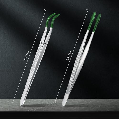 2 Piece Tweezers with Rubber Tips Set - Bent and Straight Flat Tips Tweezers PVC Coated for Stamp Coins Jewelry Crafts, Electronics(Silver, Green) - color: Silver, Green