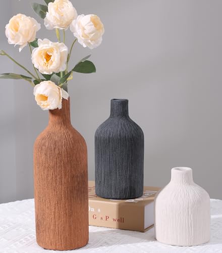 Ceramic Vase Set, 3Pcs Flower Vases for Modern Boho Farmhouse Decor, Decorative Vases for Pampas Grass & Dried Flowers, Distressed Finish - color: L