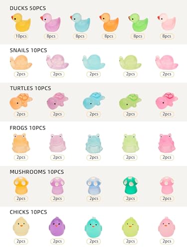 FEXIA 100 Pcs Mini Resin Ducks 6 Types Bulk to Hide Luminous Mini Resin Animals Glow in The Dark for DIY Garden Combination Sets for Micro Landscape Aquarium Party Decor - color: 6 Kinds-100pcs