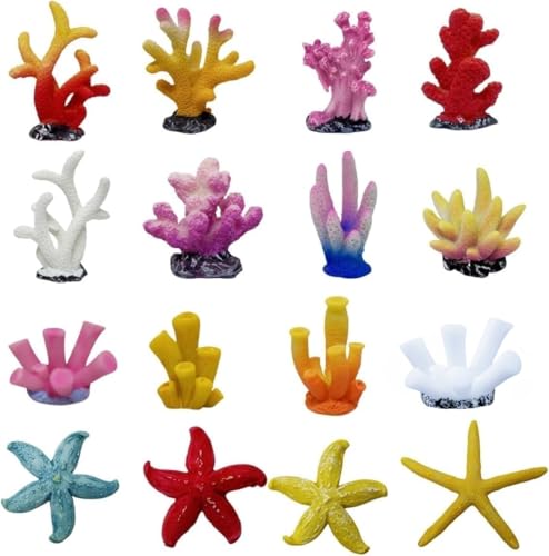16 Pcs Aquarium Coral Plant Decor,Vivid Multicolor Resin Artificial Coral Reef Sea Star Decor for Fish Tank Aquarium Landscape Table Home Decor Garden Pond Micro Landscape Scenery