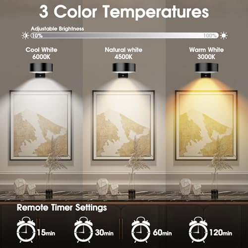 Picture Lights for Wall, 3 Lighting Modes Magnetic Art Display Light,Rechargeable Battery Operated Led Painting Light with Remote Control Dimmable & Timer,6Pack Black - color: Black, size: 6 Pack