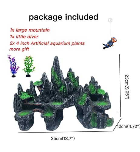 Extra Large Aquarium Decorations - Big Mountain View Ornaments, Come with 1 Little Diver and 2X 4inch Aquarium Plastic Plants