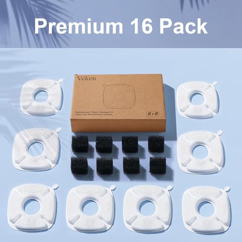 Veken Cat Water Fountain Filter, Classic 8 Pack Replacement Filters & 8 Pack Replacement Pre-Filter Sponges for 50oz, 84oz, 95oz or 108oz Automatic Pet Fountain Dog Water Dispenser