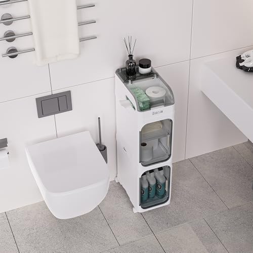 BINSIO 3-Tiers Toilet Paper Storage, Slim Bathroom Organizers and Storage, Bathroom Counter Organizer, Foldable Organizer Storage Cabinet, Portable Laundry Room Organization, Plastic White Clear Doors - size: 3 Tiers