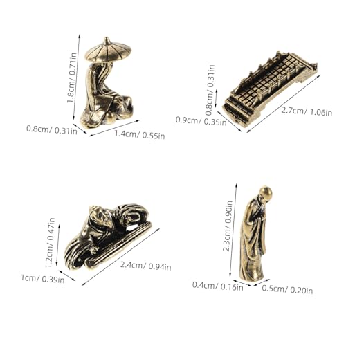 4pcs Miniature Brass Fisherman Figurines with Monk and Small Bridge, Asian Style Garden Statues for Aquarium Terrarium and Home Décor Micro Landscape Ornaments