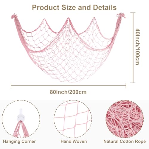 2 Pack Fish Net Decorations, 80x40 Inch Light Pink Fishing Net Decor for Under The Sea Mermaid Beach Theme Party, 3mm Thick Natural Cotton Versatile Nautical Netting for Party Wall Table Ceiling Decor - color: Light Pink, size: Large - 2 Pack