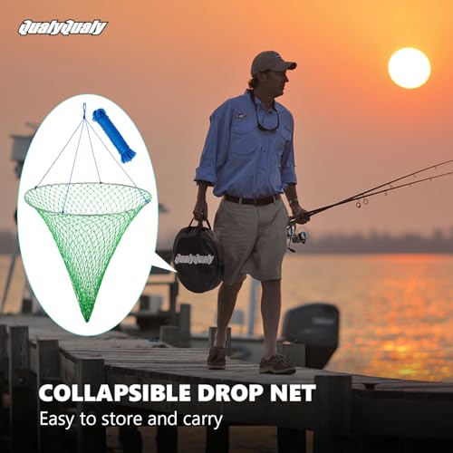 QualyQualy Large Bridge and Pier Fishing Net 32''/39'' Hoop, Foldable Drop Net Pier Fishing for Saltwater with Rope, Landing Net with Nylon Mesh, Collapsible Soft Steel Ring - color: Green, size: L: 39''×36''