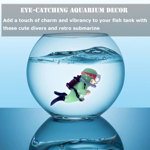 4 Pcs Fun and Vibrant Fish Tank Decorations - Cute Floating Diver and Retro Submarine Set - Perfect Aquarium Accessories for Betta Fish and Floating Aquarium Decor (Style-01) - color: Style-01