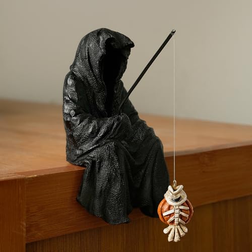 Fishing Sitting Statue Gothic Robe, Halloween Fish Tank Decor, Halloween Statue for Outdoor Garden Yard Lawn Shelf Table and Desktop (Black) - color: Black
