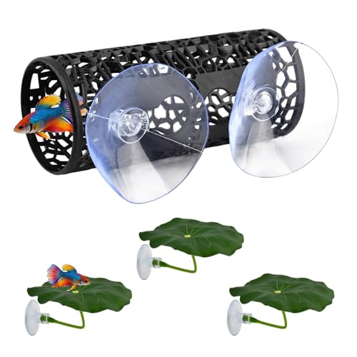 Betta Fish Toy, Betta Fish Tunnel Hammock, Safe Aquarium Decor for Smallfish Shrimp, Bettas Tank Accessories with Suction Cup & Simulated Lotus Leaves Perfect for Hideout/Play Area