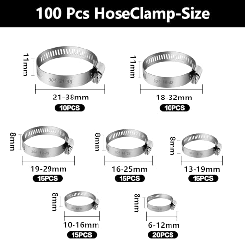 100 Pcs Hose Clamps Stainless Steel, 6-38mm Adjustable Worm Gear Pipe Clamps, Fuel Line Hose Clips Heavy Duty for Plumbing, Dishwasher, Automotive, Washing Machine, Mechanical - size: 100 pcs (1/4'' - 1-1/2'')