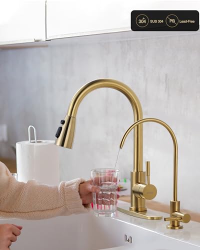 Kitchen Faucet and Water Filter Faucet Combo, WOWOW Stainless Steel Kitchen Sink Faucet with Drinking Water Faucet for Reverse Osmosis or Water Filtration System, Brushed Gold - color: Gold, style: Kitchen Faucet & Filter Faucet