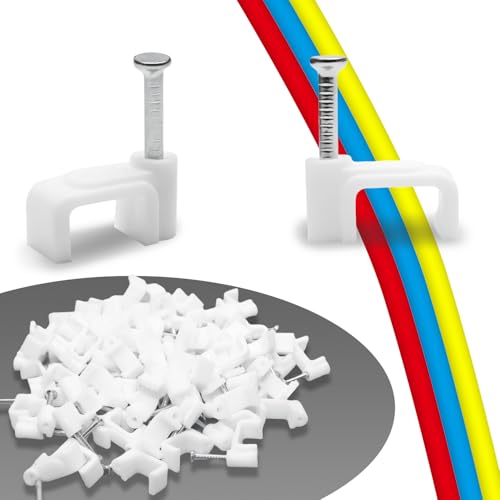 100 Pack Cable Clips, 8 mm White Flat Ethernet Wire Clips, Coax Cable Wall Clip, Cord Clips for Wires on Wall, Cord Management (100)