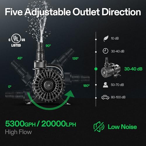 VIVOSUN 5300 GPH Submersible Water Pump, 310W Pond Pump, Ultra Quiet Aquarium Pump with 20FT. Lift Height for Pond Waterfall, Fish Tank, Statuary, or Hydroponics - size: 310W without Barrier Bag