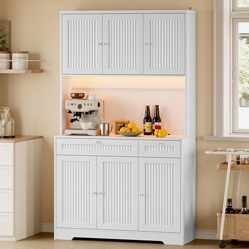 BORNOON Pantry Cabinet with Charging Station and Light, Tall Kitchen Pantry Storage Cabinet with Microwave Stand, Wide Fluted Kitchen Hutch with Storage Drawers and Adjustable Shelves for Dining Room - color: White, size: 6-Door