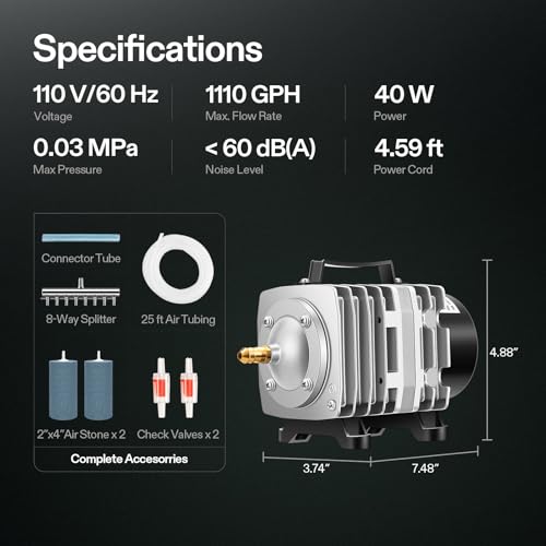 VIVOSUN Air Pump Kit, with 40 W 1110 GPH Commercial Air Pump, 8-Way Splitter, 2 Pcs Air Stones, 25 ft Air Tubing, 2 Pcs Check Valves, for Aquarium, Fish Tank & Hydroponics - style: 40W-1100GPH with Accessories