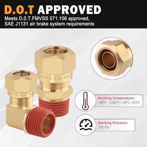 5PCS D.O.T Compression Fittings Brass 90 Degree Union Elbow Joint DOT Approved 1/4" Tube OD x 1/4" NPT Thread Air Brake Line Adapter Air Suspension Kit for Car Truck Trailers - size: 1/4" OD x 1/4" NPT, style: 90°NPT Thread Elbows-5PCS